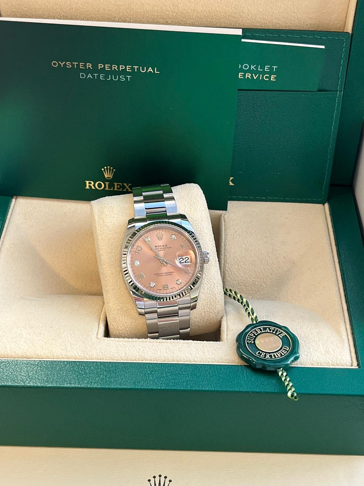 Rolex Oyster Perpetual Date 34mm Steel Fluted Bezel Pink Arabic Watch 115234 In Good Condition In Aventura, FL