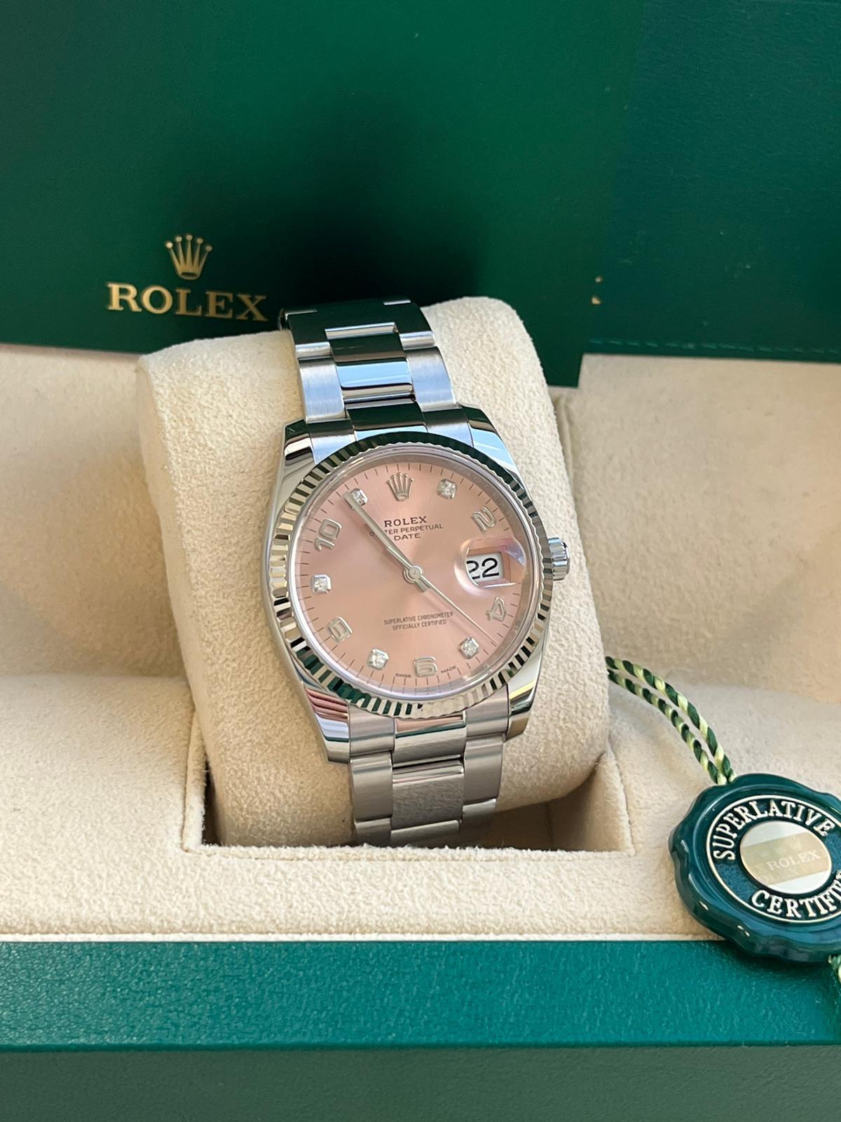 Men's Rolex Oyster Perpetual Date 34mm Steel Fluted Bezel Pink Arabic Watch 115234