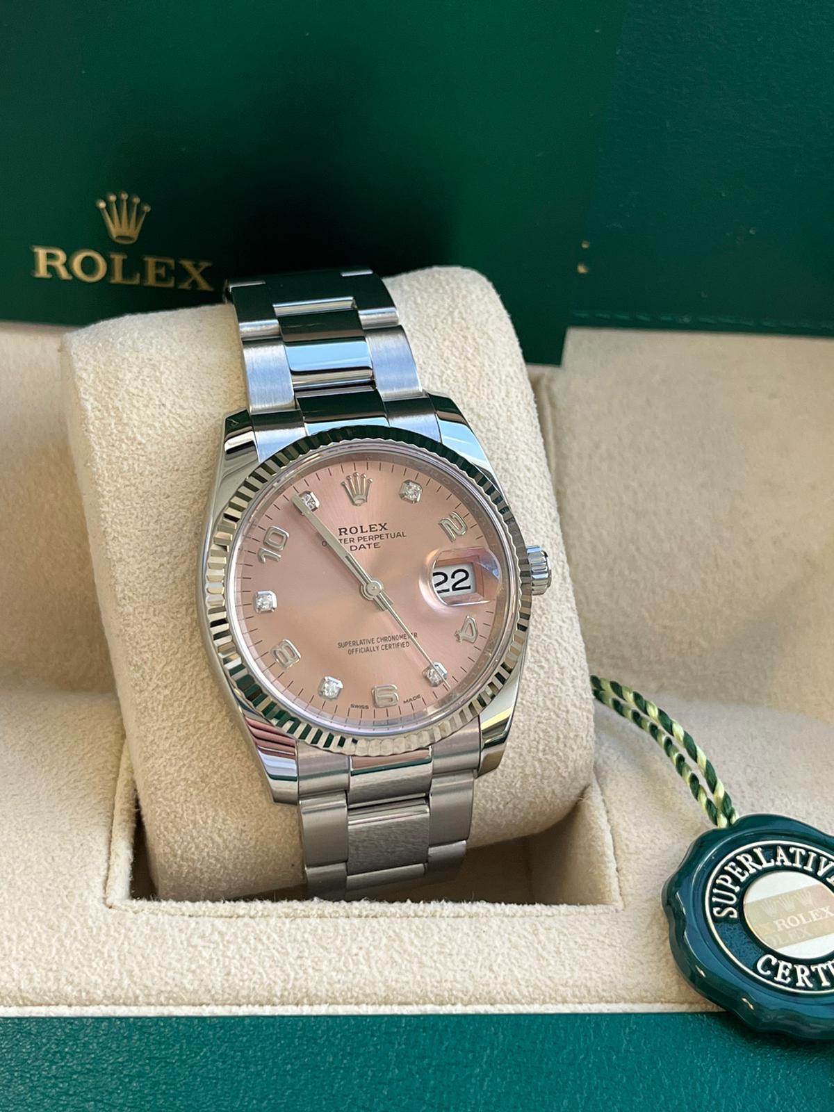 Rolex Oyster Perpetual Date 34mm Steel Fluted Bezel Pink Arabic Watch 115234 1
