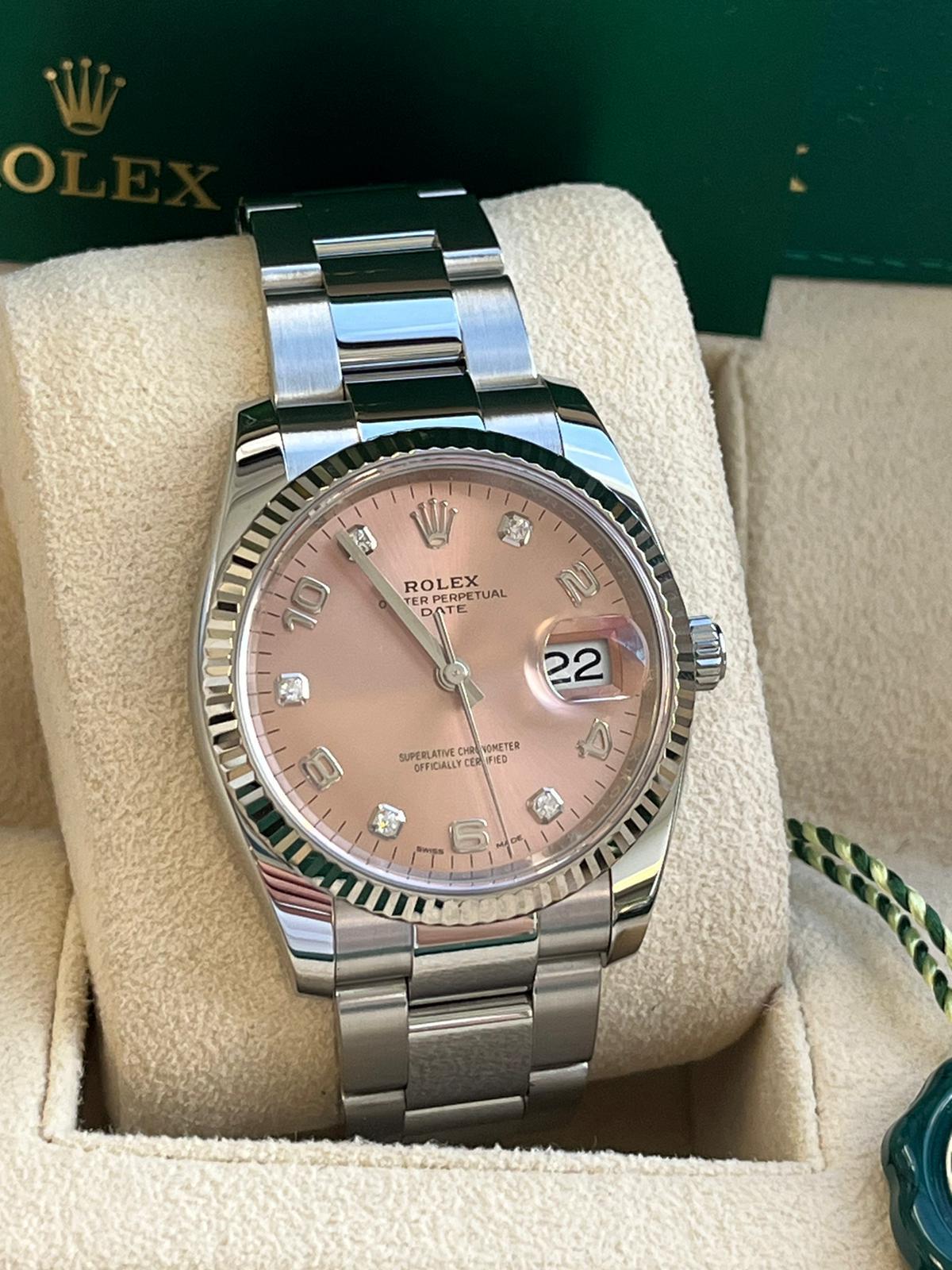 Rolex Oyster Perpetual Date 34mm Steel Fluted Bezel Pink Arabic Watch 115234 2