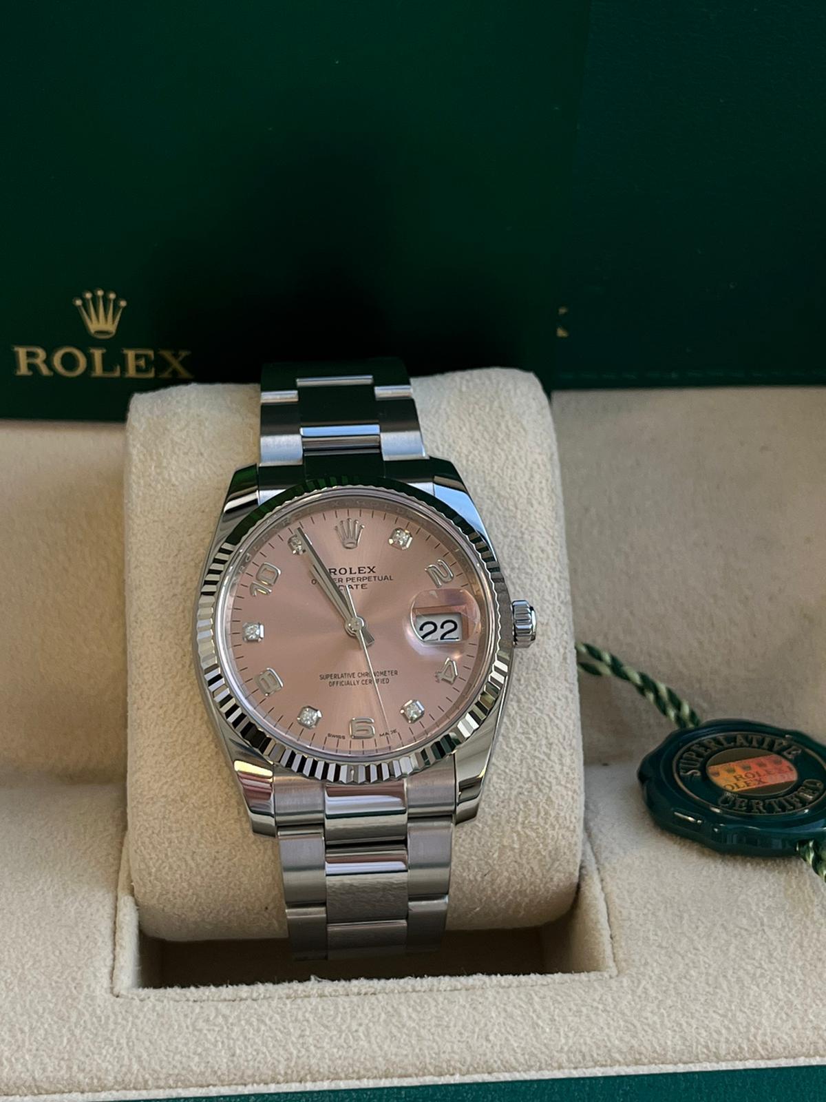 Rolex Oyster Perpetual Date 34mm Steel Fluted Bezel Pink Arabic Watch 115234 3