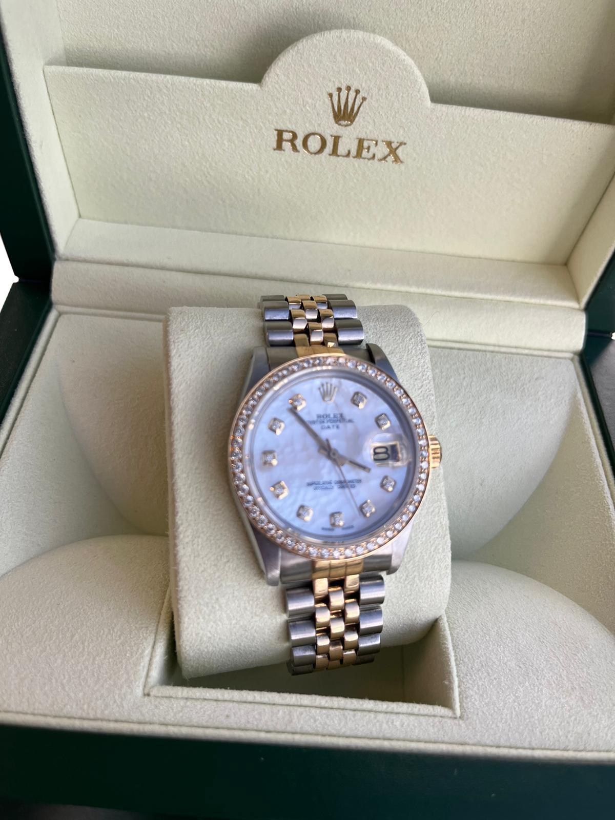 Rolex Oyster Perpetual Date 34mm Two Tone MOP Diamond Dial Bezel Watch 15053 For Sale 4