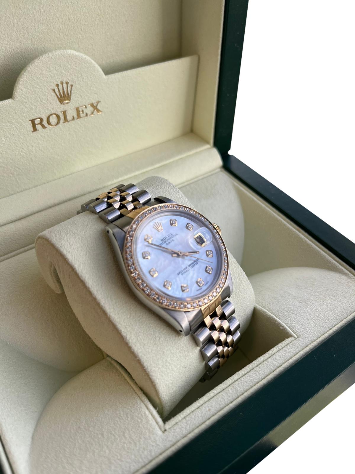 Rolex Oyster Perpetual Date 34mm Two Tone MOP Diamond Dial Bezel Watch 15053 For Sale 5