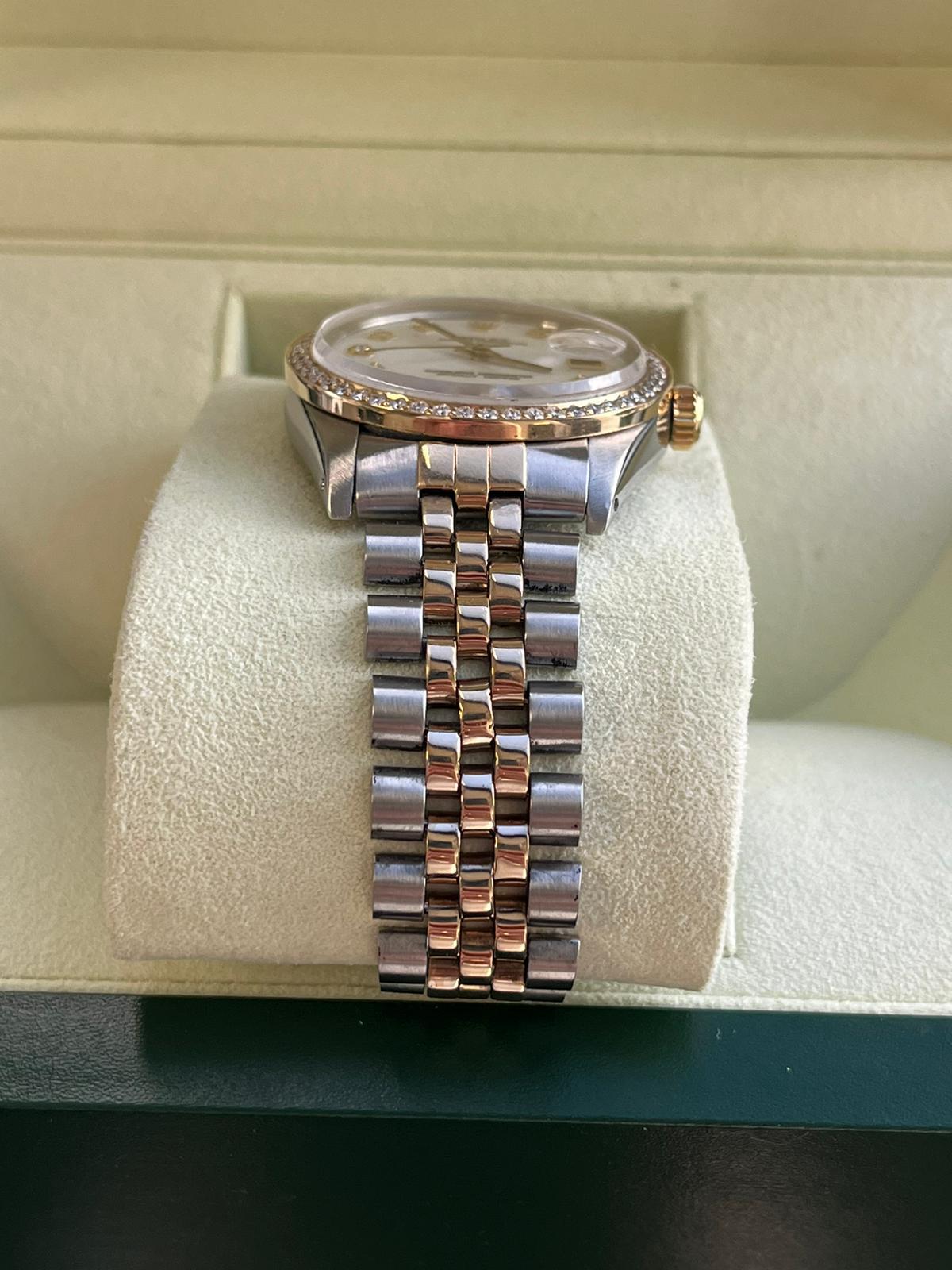 Rolex Oyster Perpetual Date 34mm Two Tone MOP Diamond Dial Bezel Watch 15053 4
