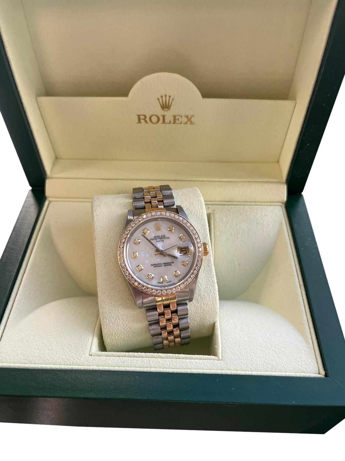 Modernist Rolex Oyster Perpetual Date 34mm Two Tone MOP Diamond Dial Bezel Watch 15053 For Sale