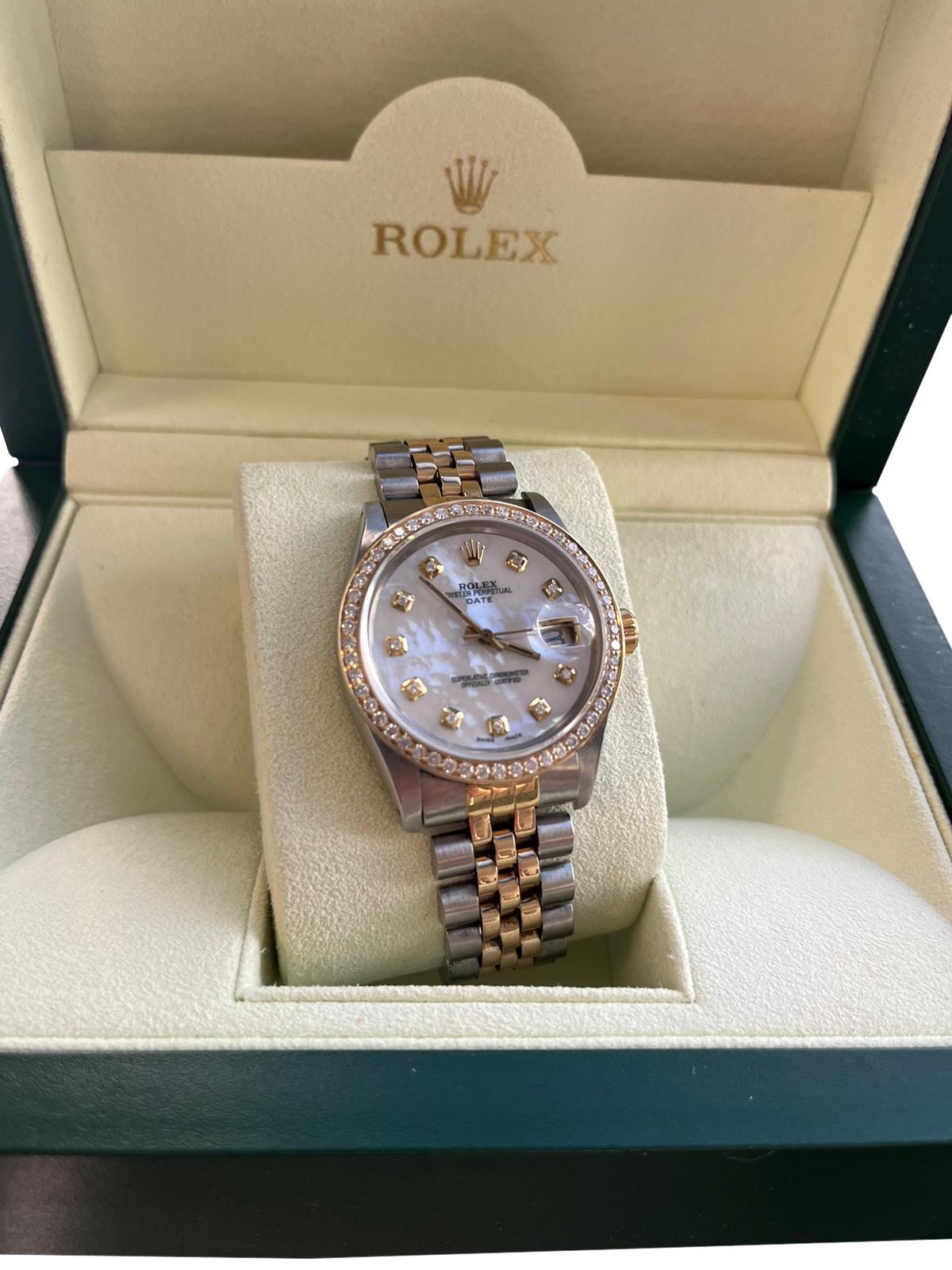 Round Cut Rolex Oyster Perpetual Date 34mm Two Tone MOP Diamond Dial Bezel Watch 15053 For Sale