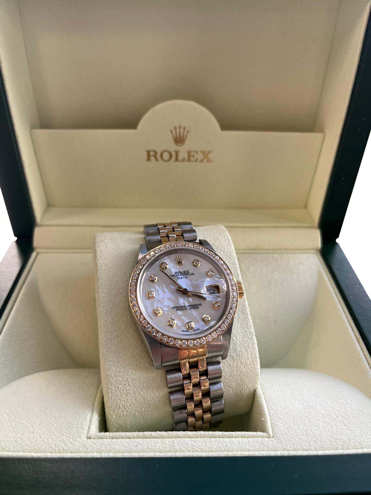 Rolex Oyster Perpetual Date 34mm Two Tone MOP Diamond Dial Bezel Watch 15053 In Good Condition For Sale In Aventura, FL