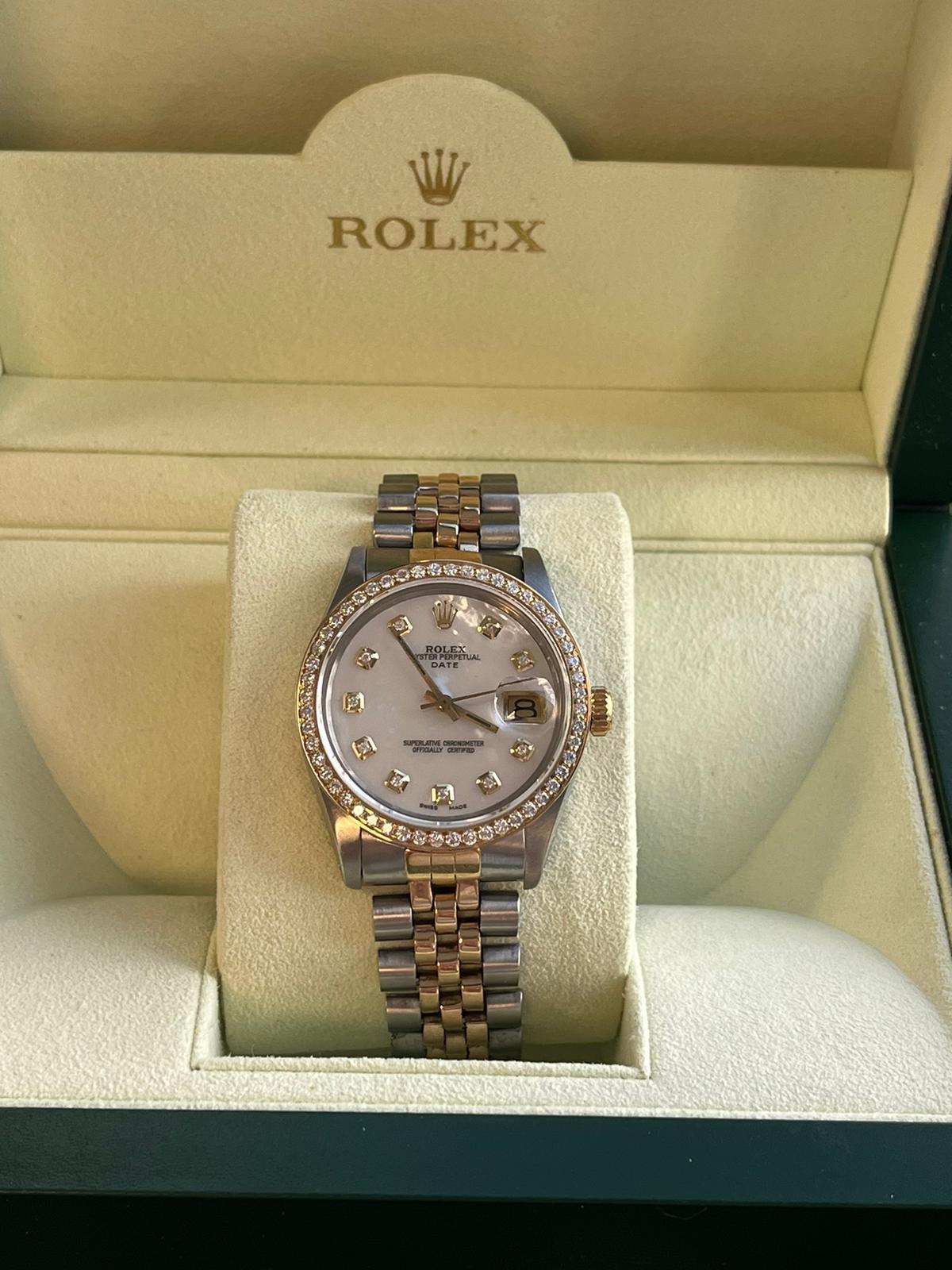 Round Cut Rolex Oyster Perpetual Date 34mm Two Tone MOP Diamond Dial Bezel Watch 15053