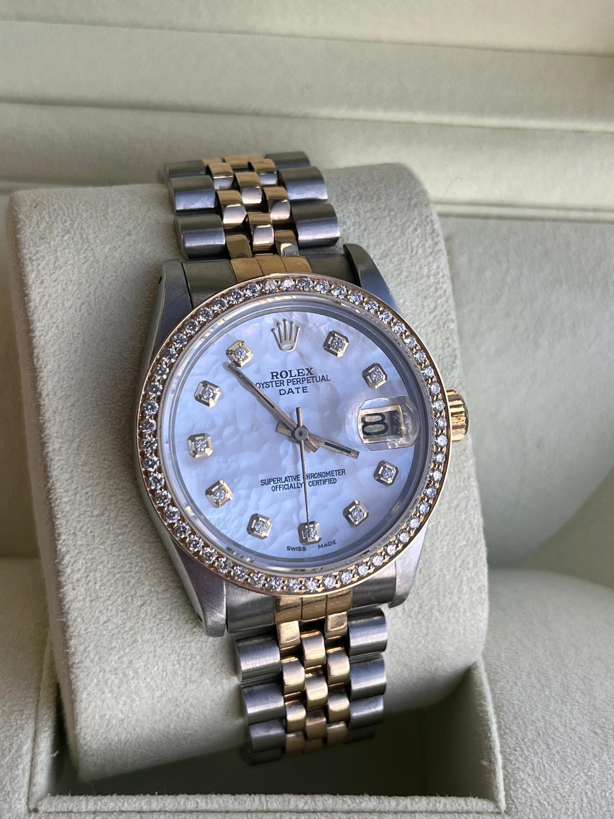 Rolex Oyster Perpetual Date 34mm Two Tone MOP Diamond Dial Bezel Watch 15053 In Good Condition In Aventura, FL