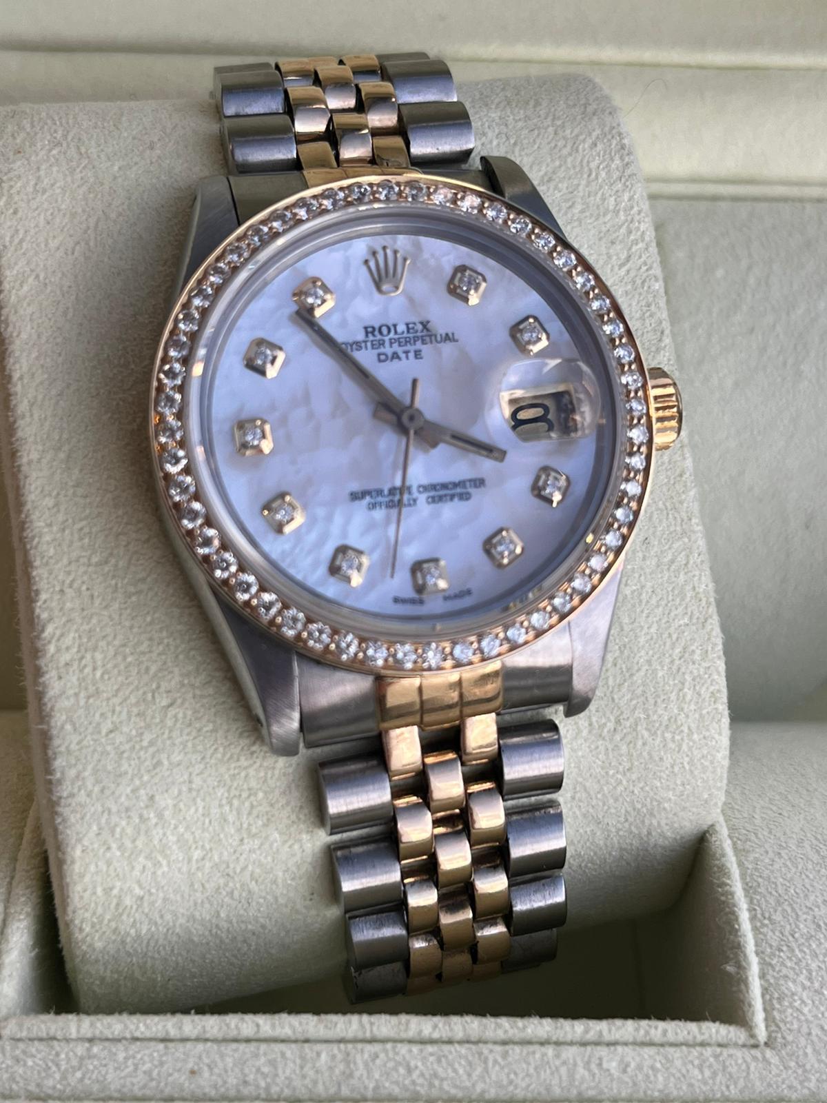 Rolex Oyster Perpetual Date 34mm Two Tone MOP Diamond Dial Bezel Watch 15053 For Sale 2