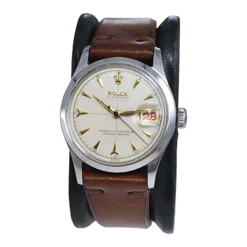 Rolex Steel Oyster Perpetual Date with Original Rare Waffle Dial, circa 1954 For Sale
