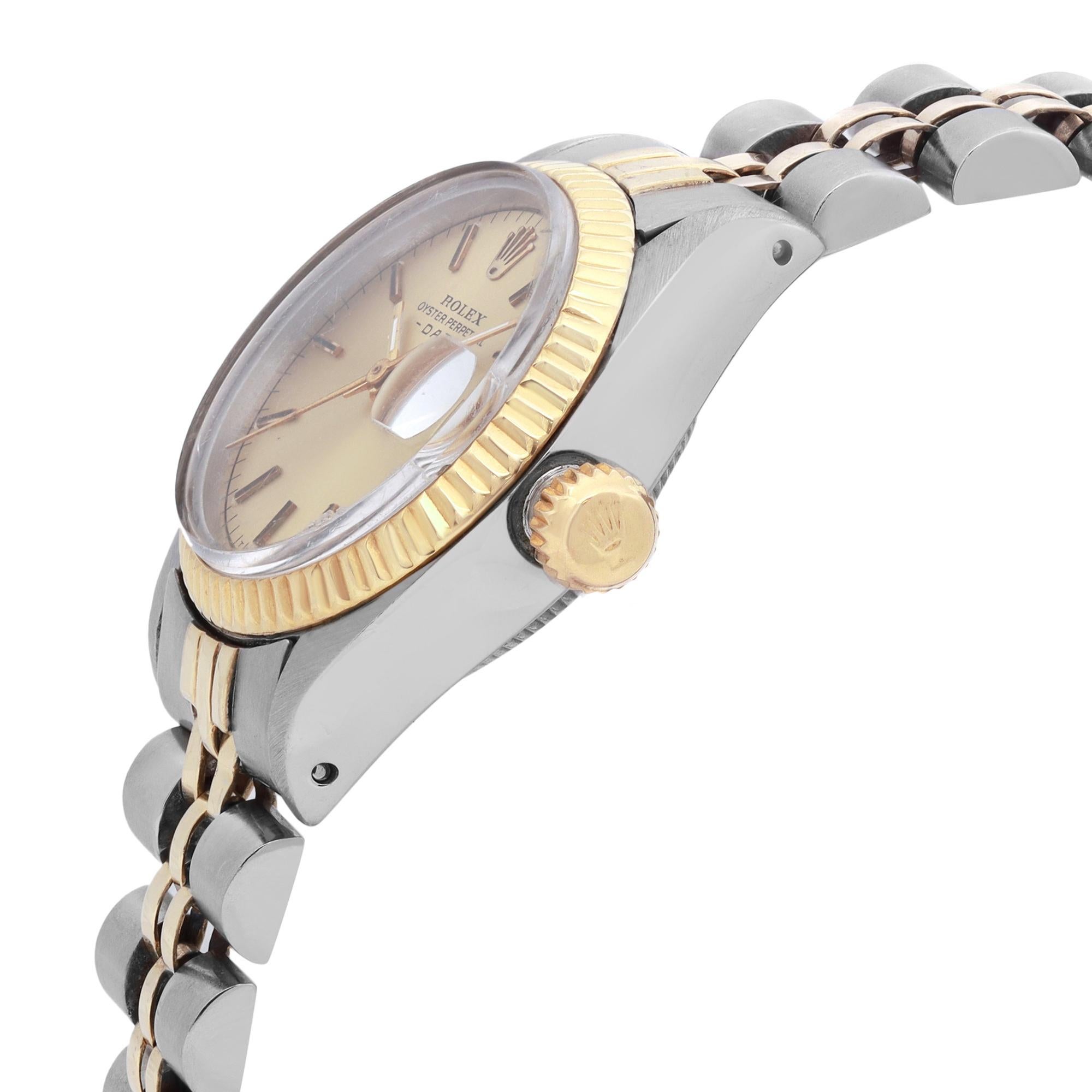 Rolex Oyster Perpetual Date Champagner-Zifferblatt 14K Gelbgold Stahluhr 6916 im Zustand „Gut“ in New York, NY