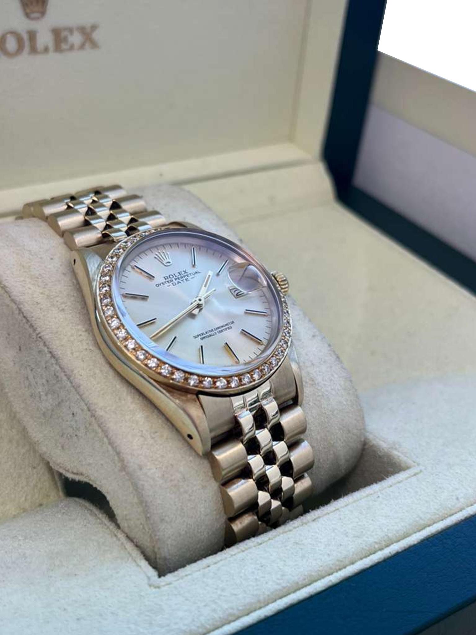 Rolex Oyster Perpetual Date Quadrante Champagne Lunetta di diamanti Orologio in oro giallo 15037 in vendita 5