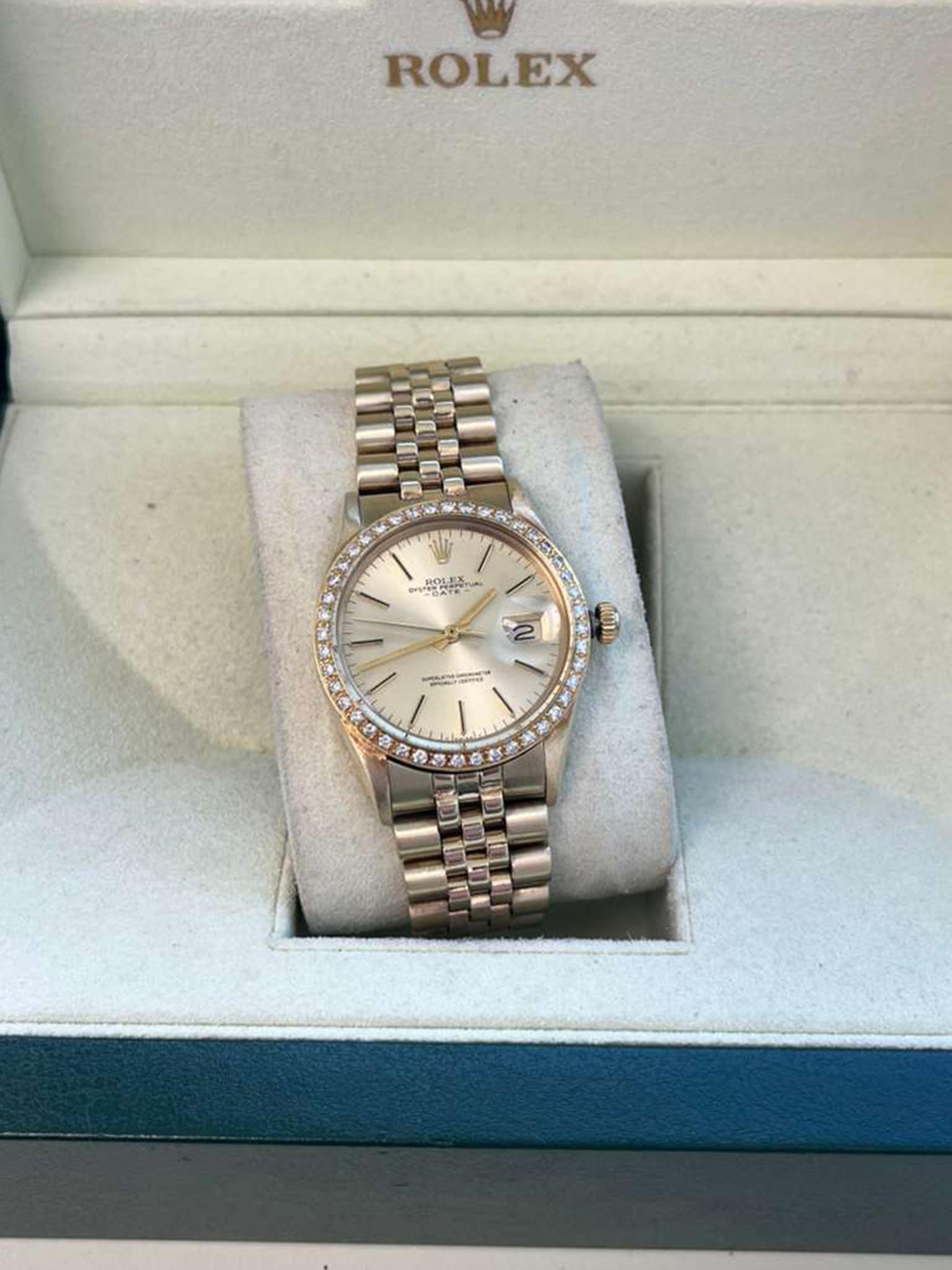 da uomo o donna Rolex Oyster Perpetual Date Quadrante Champagne Lunetta di diamanti Orologio in oro giallo 15037 in vendita