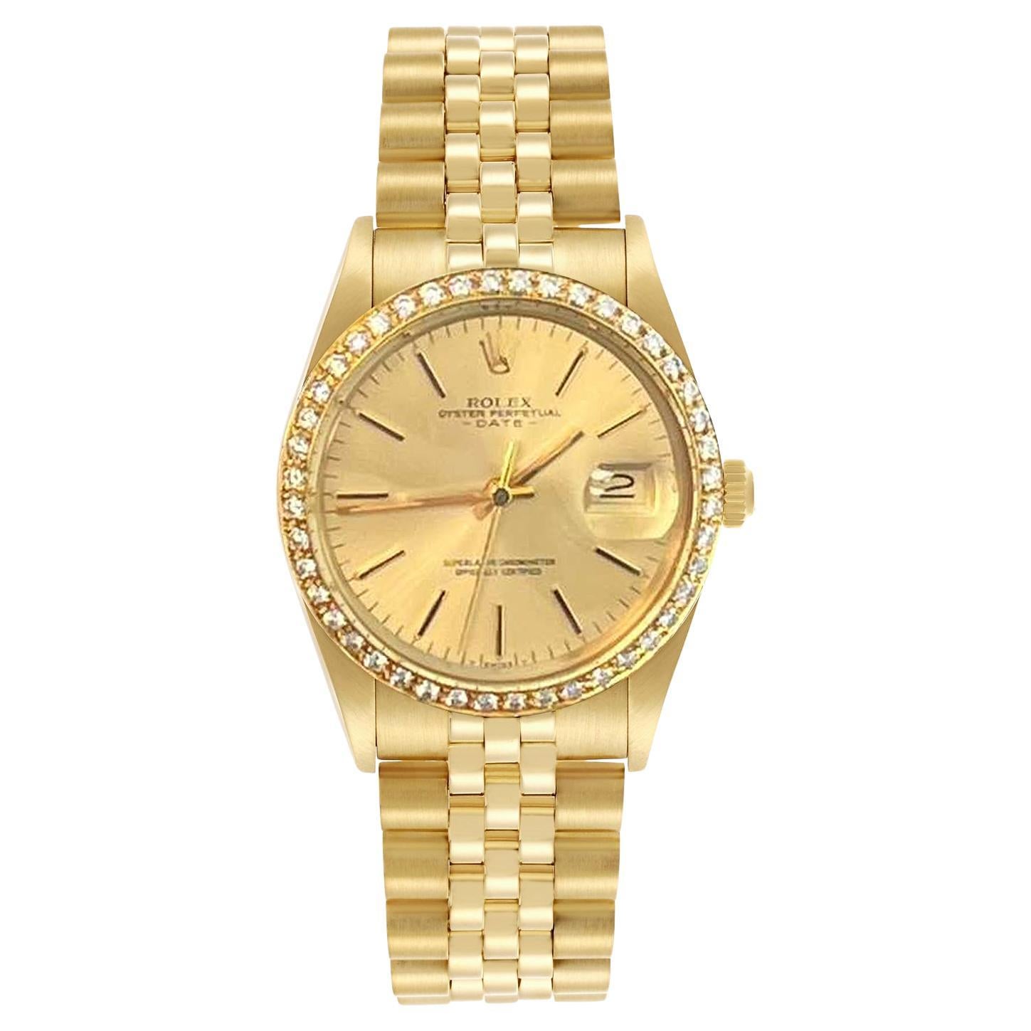 Rolex Oyster Perpetual Date Cadran Champagne Lunette Diamant Or Jaune Montre 15037