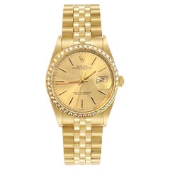 Rolex Oyster Perpetual Date Champagne Dial Diamond Bezel Yellow Gold Watch 15037