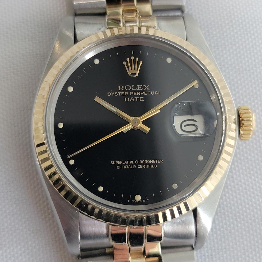 Ikonischer Klassiker, Rolex Oyster Perpetual 1500 Date Automatik Herrenuhr aus 14k und Edelstahl, ca. 1974, in ausgezeichnetem Zustand. Von einem Uhrmachermeister für echt befunden. Wunderschönes, schwarzes, signiertes Rolex-Zifferblatt, applizierte