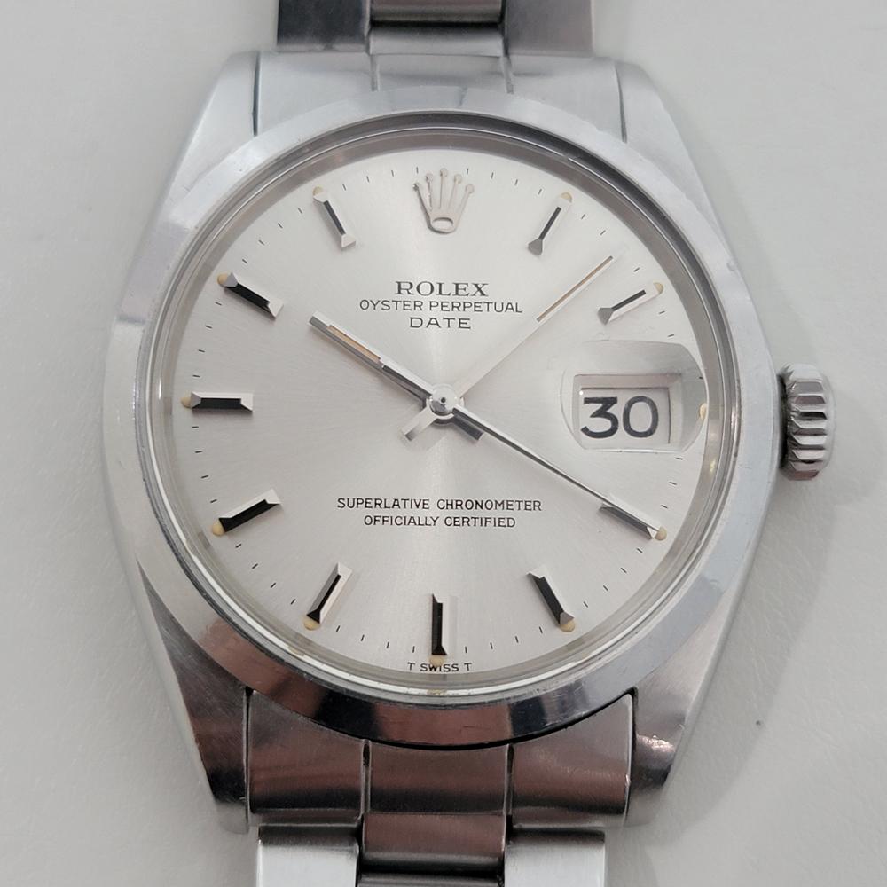 Clásico intemporal, Rolex Oyster Perpetual 1500 Date automático de caballero totalmente de acero inoxidable, c.1969, totalmente original, sin pulir, en excelente estado de funcionamiento. Verificado auténtico por un maestro relojero. Preciosa esfera