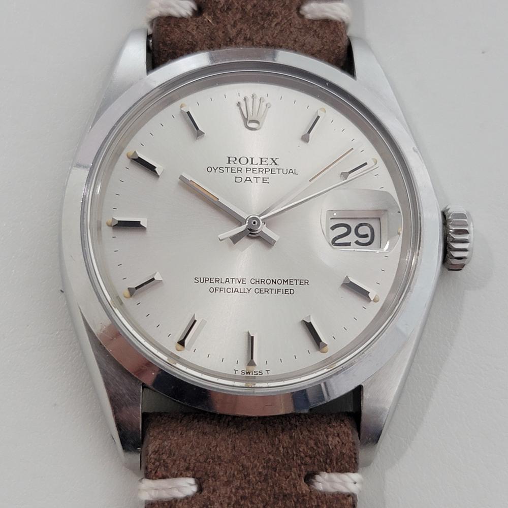Timeless classic, Men's Rolex Oyster Perpetual 1500 Date automatic, c.1969, unpolished, in excellent working condition. Verified authentic by a master watchmaker. Gorgeous Rolex signed dial, applied baton index hour markers, silver minute and hour