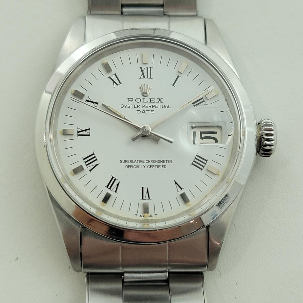 Timeless classic, Men's all original, all-stainless steel Rolex Oyster Perpetual 1500 Date automatic, c.1970, in excellent working condition. Verified authentic by a master watchmaker. Gorgeous Rolex signed white dial, applied index and Roman