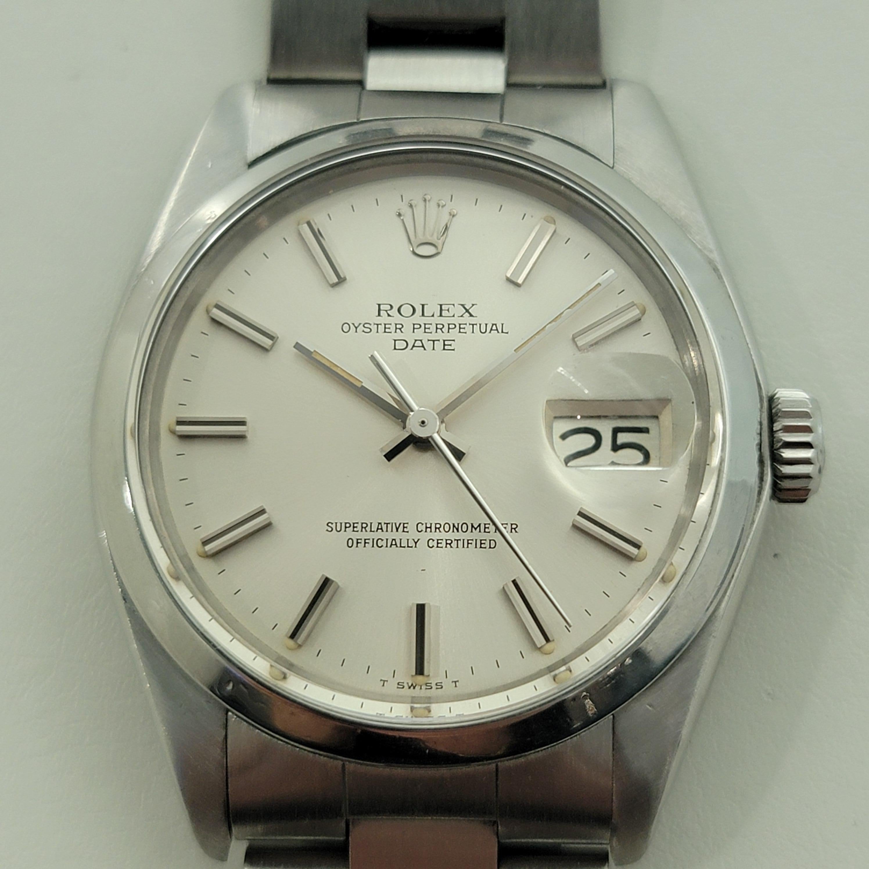 Rolex Oyster Perpetual Date Ref 1500 35mm Herren Automatik 1970er Vintage By RA542 im Zustand „Hervorragend“ im Angebot in Beverly Hills, CA