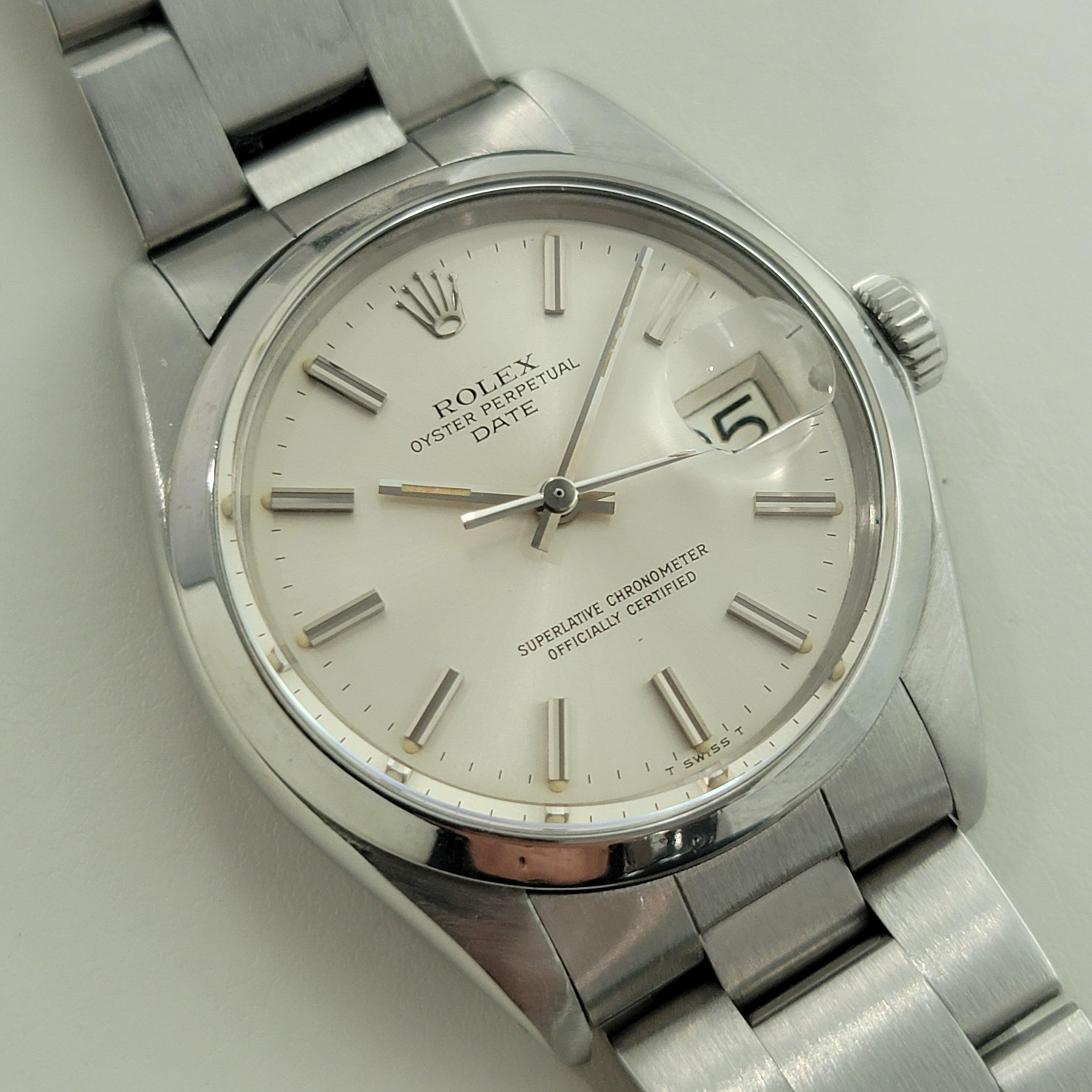 Zeitloser Klassiker, Rolex Oyster Perpetual 1500 Date Automatik Herrenuhr aus Edelstahl, ca. 1978, komplett original, in ausgezeichnetem Zustand. Von einem Uhrmachermeister für echt befunden. Wunderschönes, signiertes Rolex-Zifferblatt, aufgesetzte
