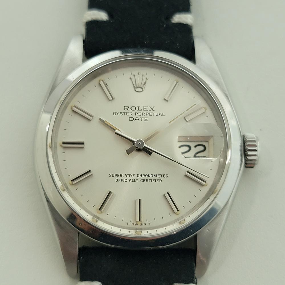 Timeless classic, Men's Rolex Oyster Perpetual 1500 Date automatic, c.1978, in excellent working condition. Verified authentic by a master watchmaker. Gorgeous Rolex signed dial, applied baton index hour markers, silver minute and hour hands,