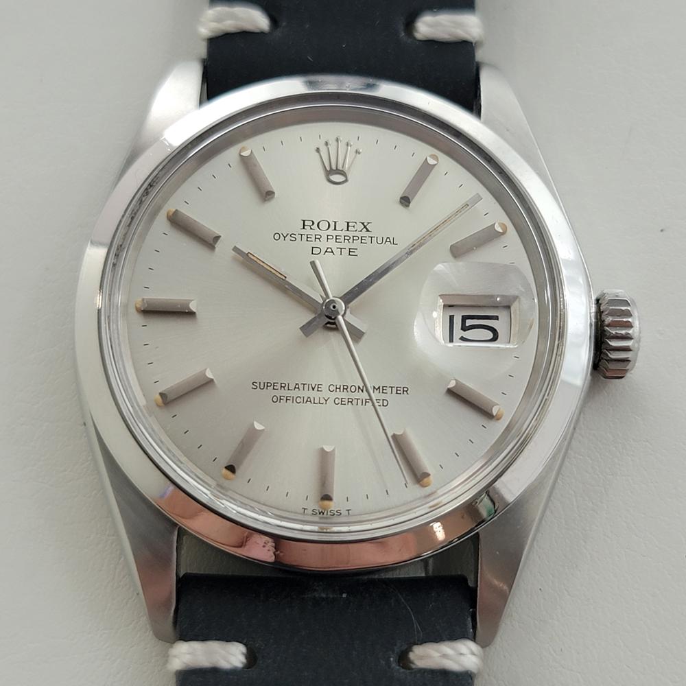 Timeless classic, Rolex Oyster Perpetual 1500 Men's Date automatic, c.1971, in excellent working condition. Verified authentic by a master watchmaker. Gorgeous Rolex signed silver dial, applied baton index hour markers, silver minute and hour hands,