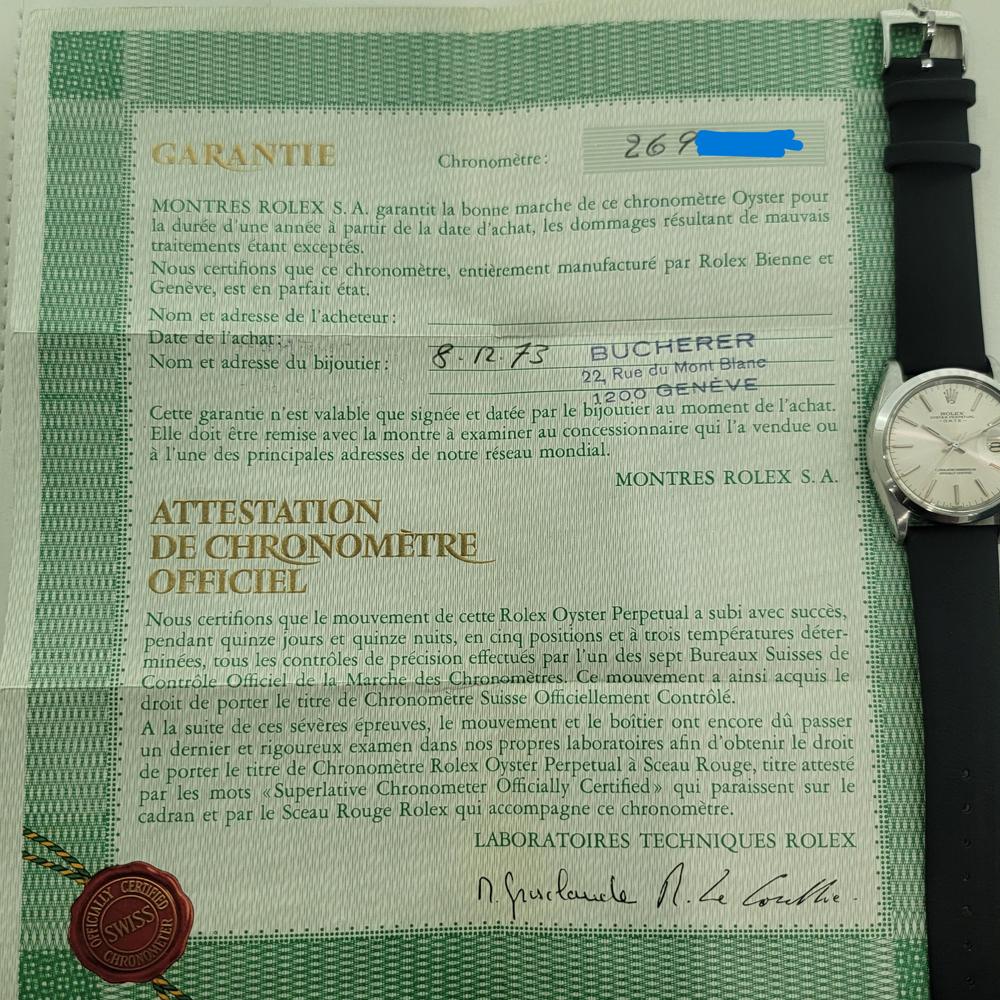 Rolex Oyster Perpetual Date Ref 1500 35mm Mens Automatic 1970s w Paper RA534 For Sale 10