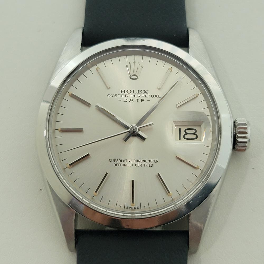 Timeless classic, Men's Rolex Oyster Perpetual 1500 Date automatic, c.1971, with original Rolex paper, in excellent working condition. Verified authentic by a master watchmaker. Gorgeous Rolex signed dial, applied baton index hour markers, silver