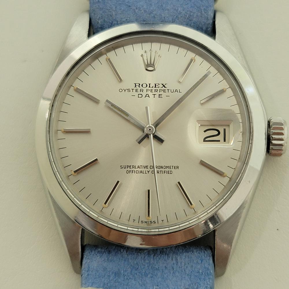 Classico senza tempo, Rolex Oyster Perpetual 1500 Date automatico da uomo, 1971 circa, con carta originale Rolex, in eccellenti condizioni di funzionamento. Verificato autentico da un maestro orologiaio. Splendido quadrante firmato Rolex, indici a