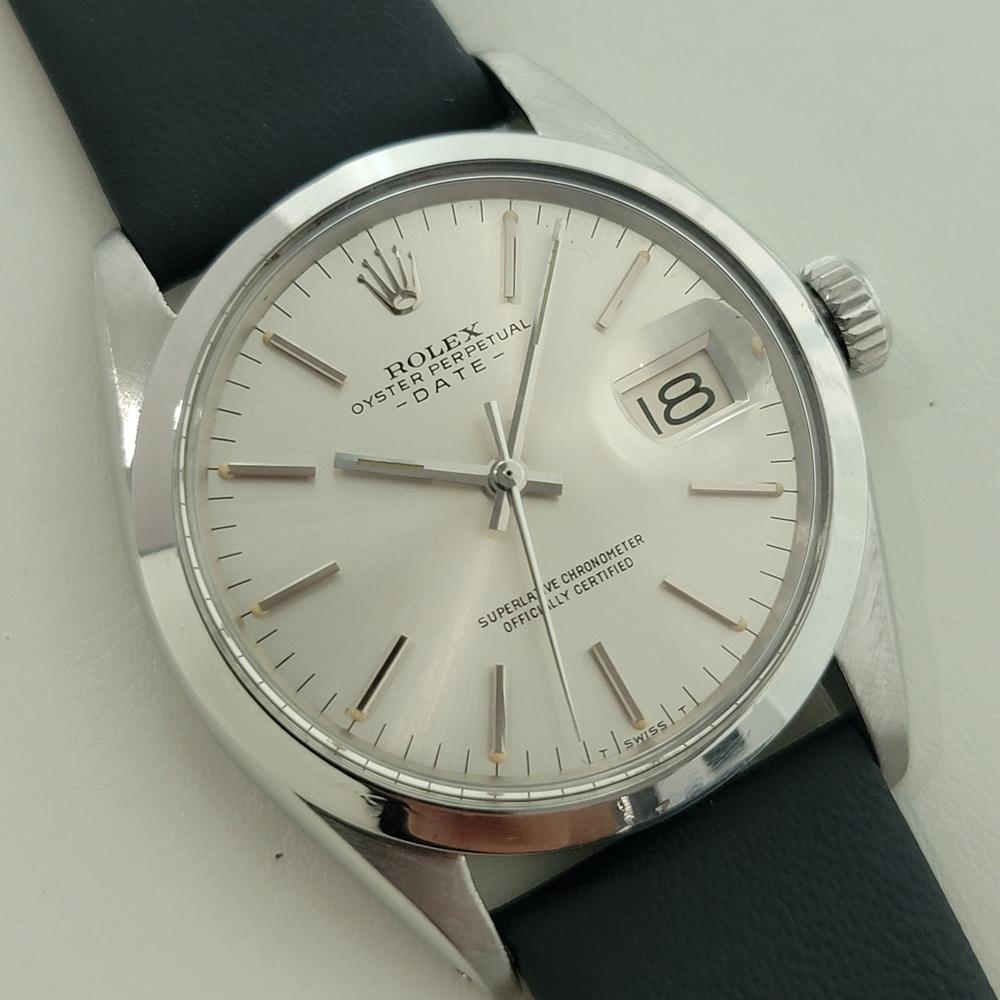 Rolex Oyster Perpetual Date Ref 1500 35mm Mens Automatic 1970s w Paper RA534 In Excellent Condition For Sale In Beverly Hills, CA