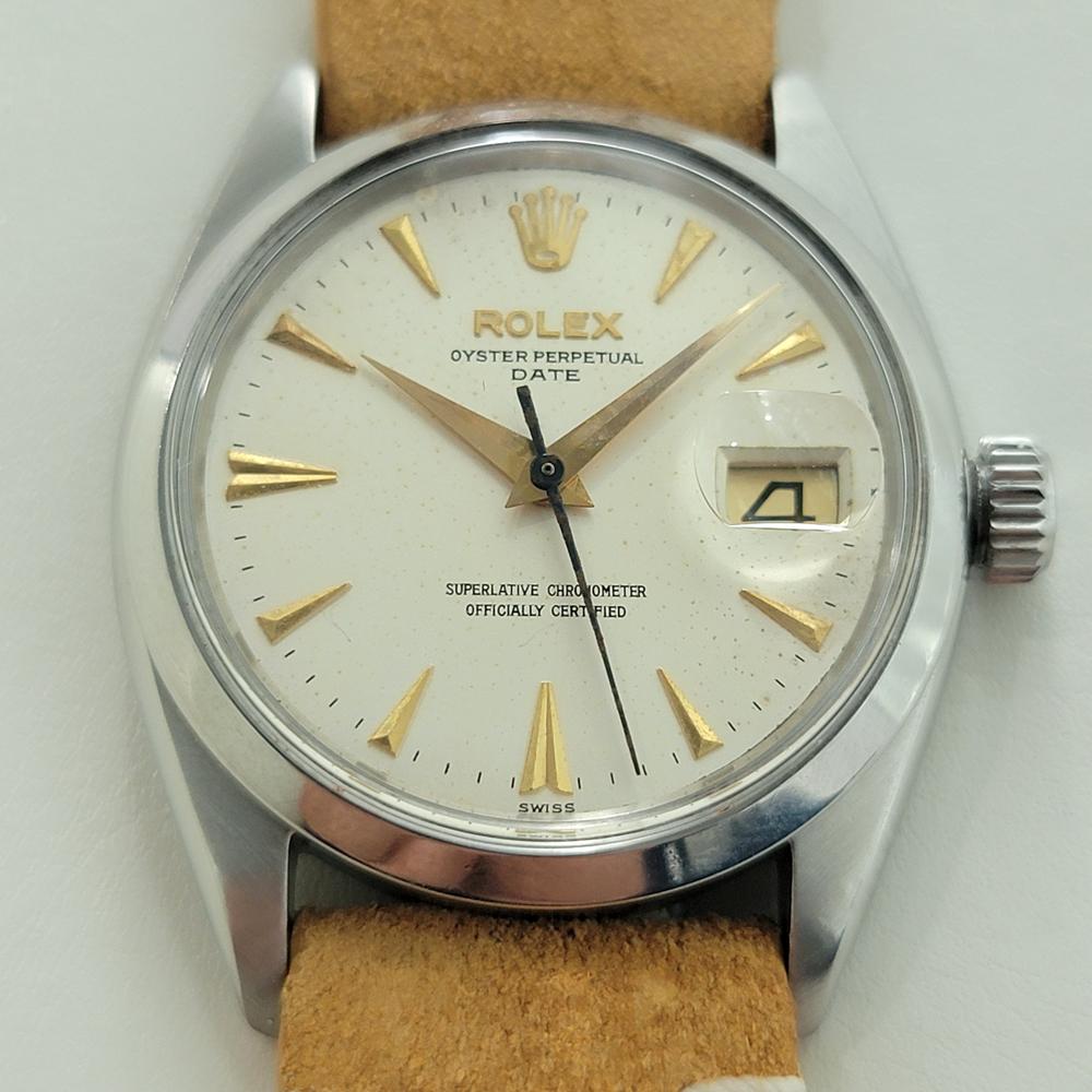 Classique iconique, Rolex Oyster Perpetual 1500 Date automatique, c.1961, en excellent état de marche. Vérifié authentique par un maître horloger. Magnifique cadran signé Rolex, index dague appliqués, aiguilles des minutes et des heures dorées,