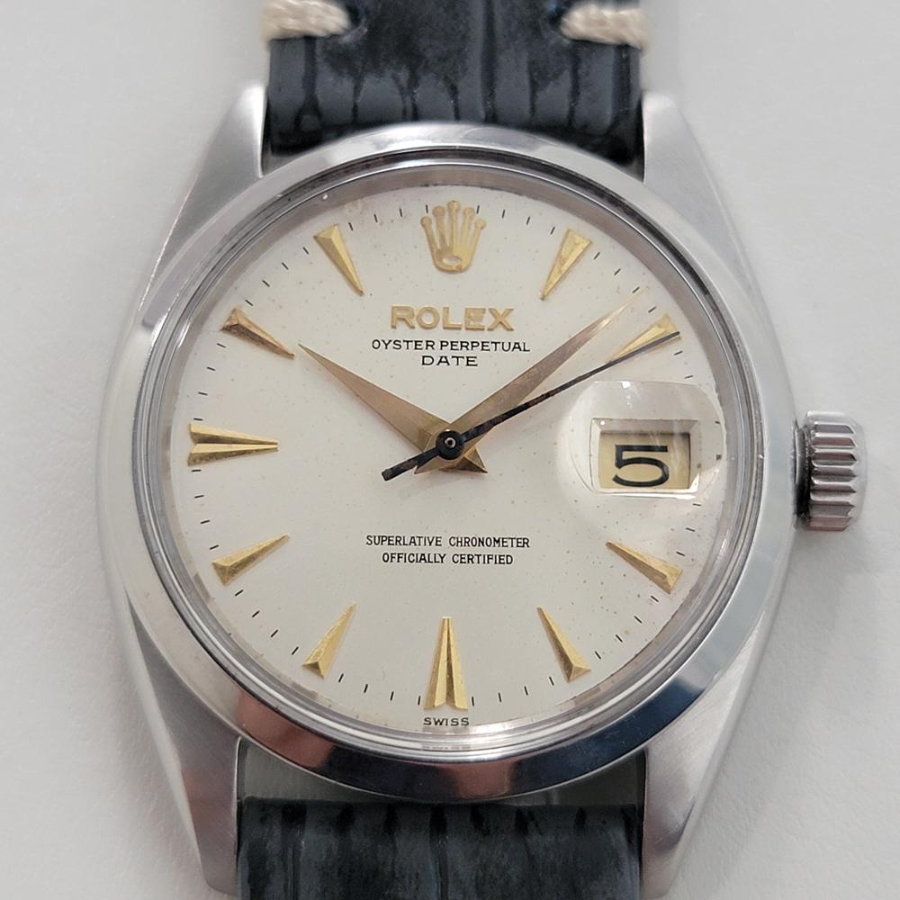 Vintage iconique classique, Rolex Oyster Perpetual 1500 Date automatique, c.1961, en excellent état de fonctionnement. Vérifié authentique par un maître horloger. Magnifique cadran signé Rolex, index dague appliqués, aiguilles des minutes et des