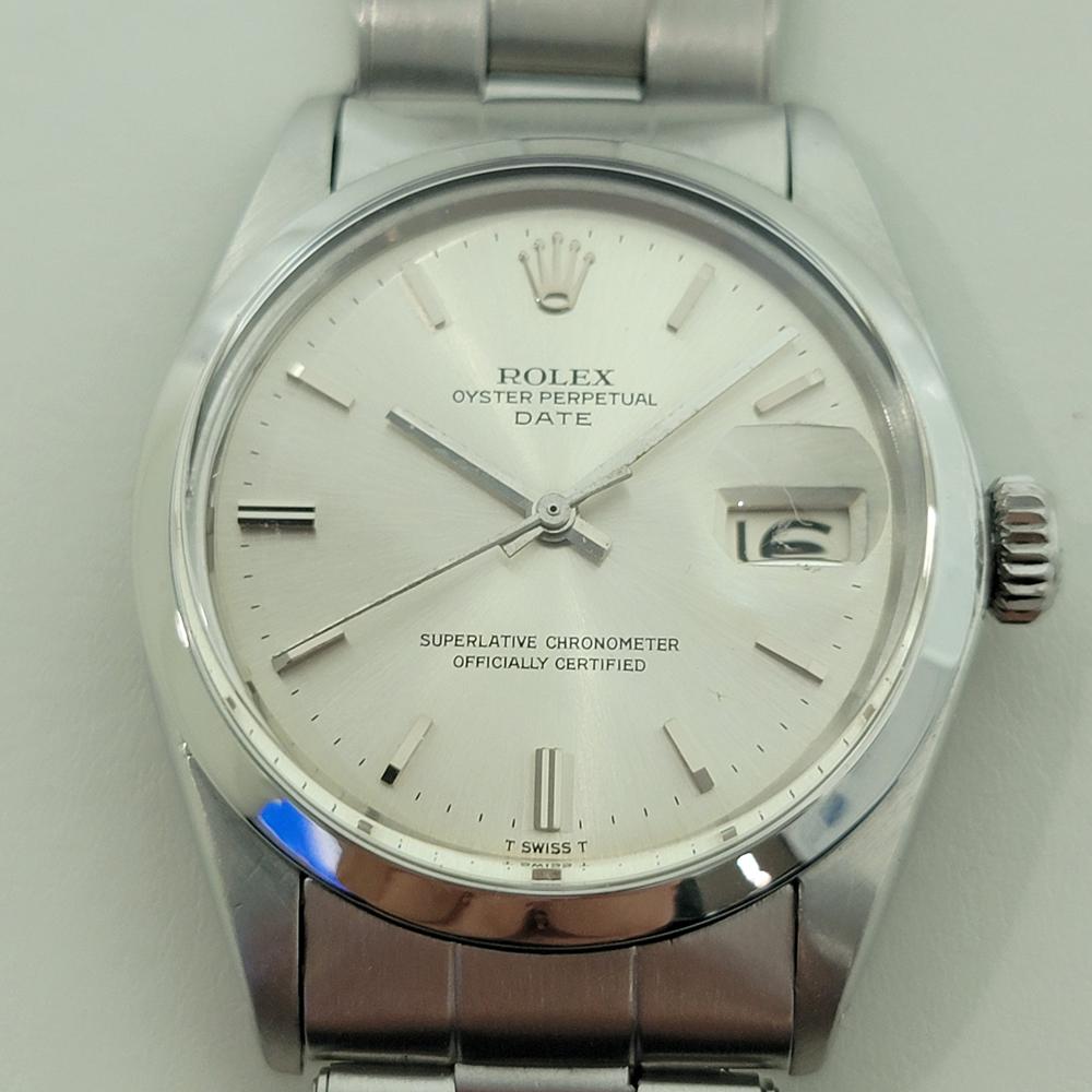 Zeitloser Klassiker, Rolex Oyster Perpetual 1500 Date Automatik für Herren aus rostfreiem Stahl, ca. 1968, komplett original, in ausgezeichnetem Zustand. Von einem Uhrmachermeister für echt befunden. Wunderschönes, signiertes silbernes