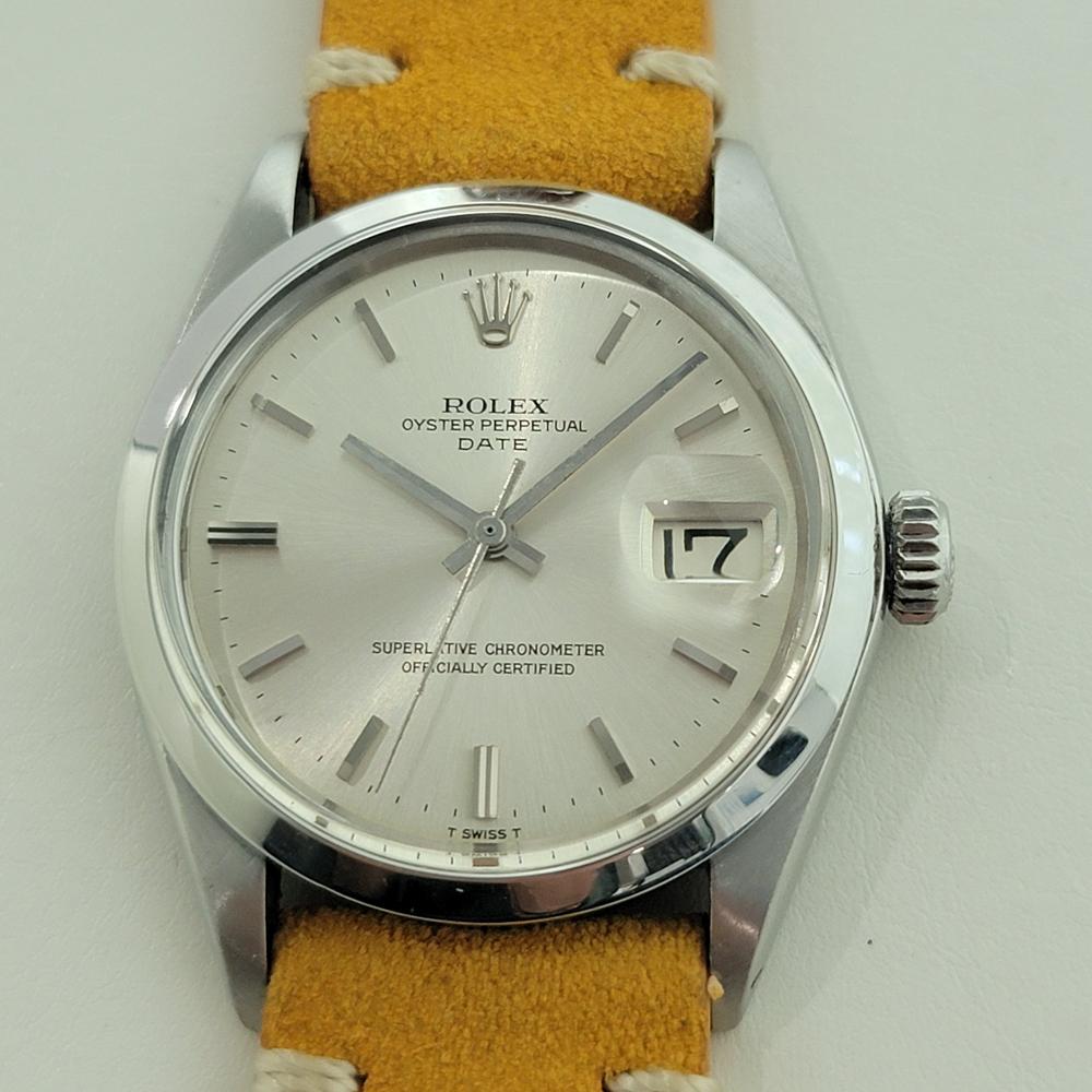 Timeless classic, Rolex Men's Oyster Perpetual 1500 Date automatic, c.1968, in excellent working condition. Verified authentic by a master watchmaker. Gorgeous Rolex signed silver dial, applied baton index hour markers, silver minute and hour hands,