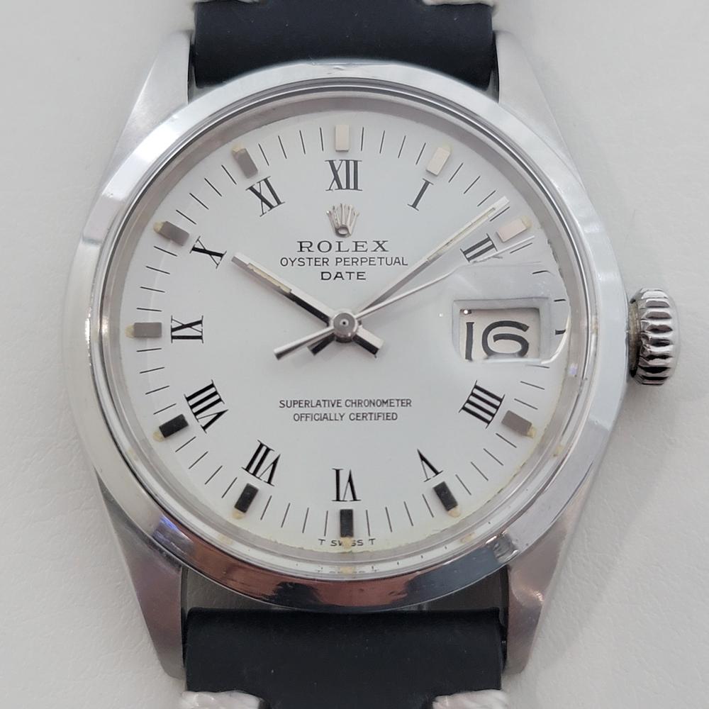 Zeitloser Klassiker, Rolex Oyster Perpetual Ref 1500 Date Automatik für Herren, um 1970, in ausgezeichnetem Zustand. Von einem Uhrmachermeister für echt befunden. Wunderschönes, signiertes weißes Rolex-Zifferblatt, aufgesetzte Indexe und römische