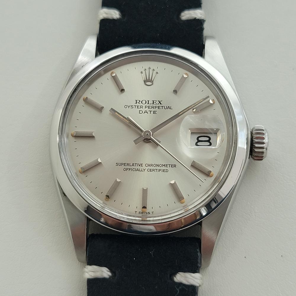 Zeitloser Klassiker, Rolex Oyster Perpetual 1500 Date Automatik für Herren, ca. 1973, in ausgezeichnetem Zustand. Von einem Uhrmachermeister für echt befunden. Wunderschönes, signiertes silbernes Rolex-Zifferblatt, aufgesetzte