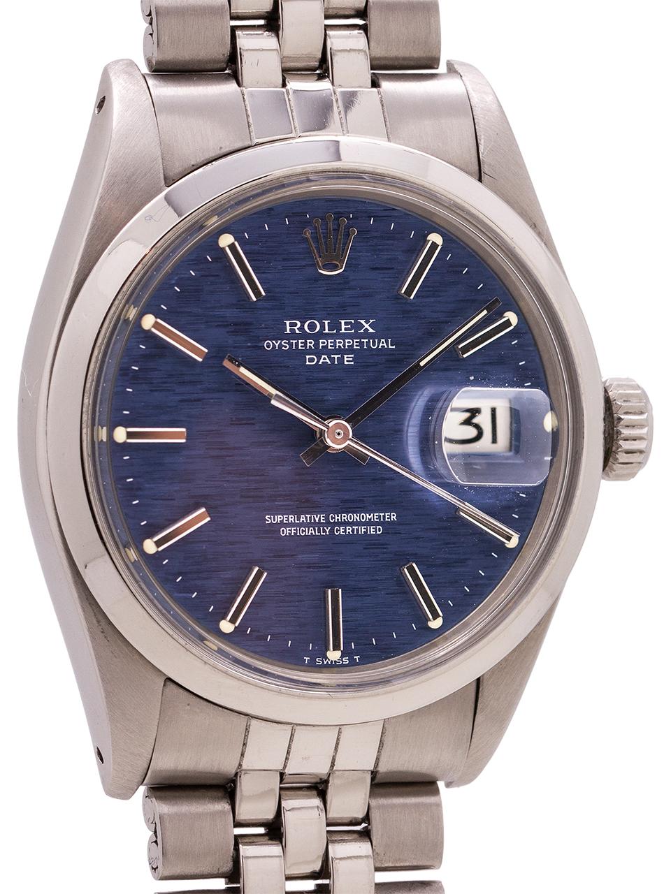 
Rolex Oyster Perpetual Date ref 1500 circa 1970. Featuring 34mm diameter case with smooth bezel, acrylic crystal, and original blue “brick” texture dial with applied silver indexes and silver baton hands. Worn on a period correct stainless steel
