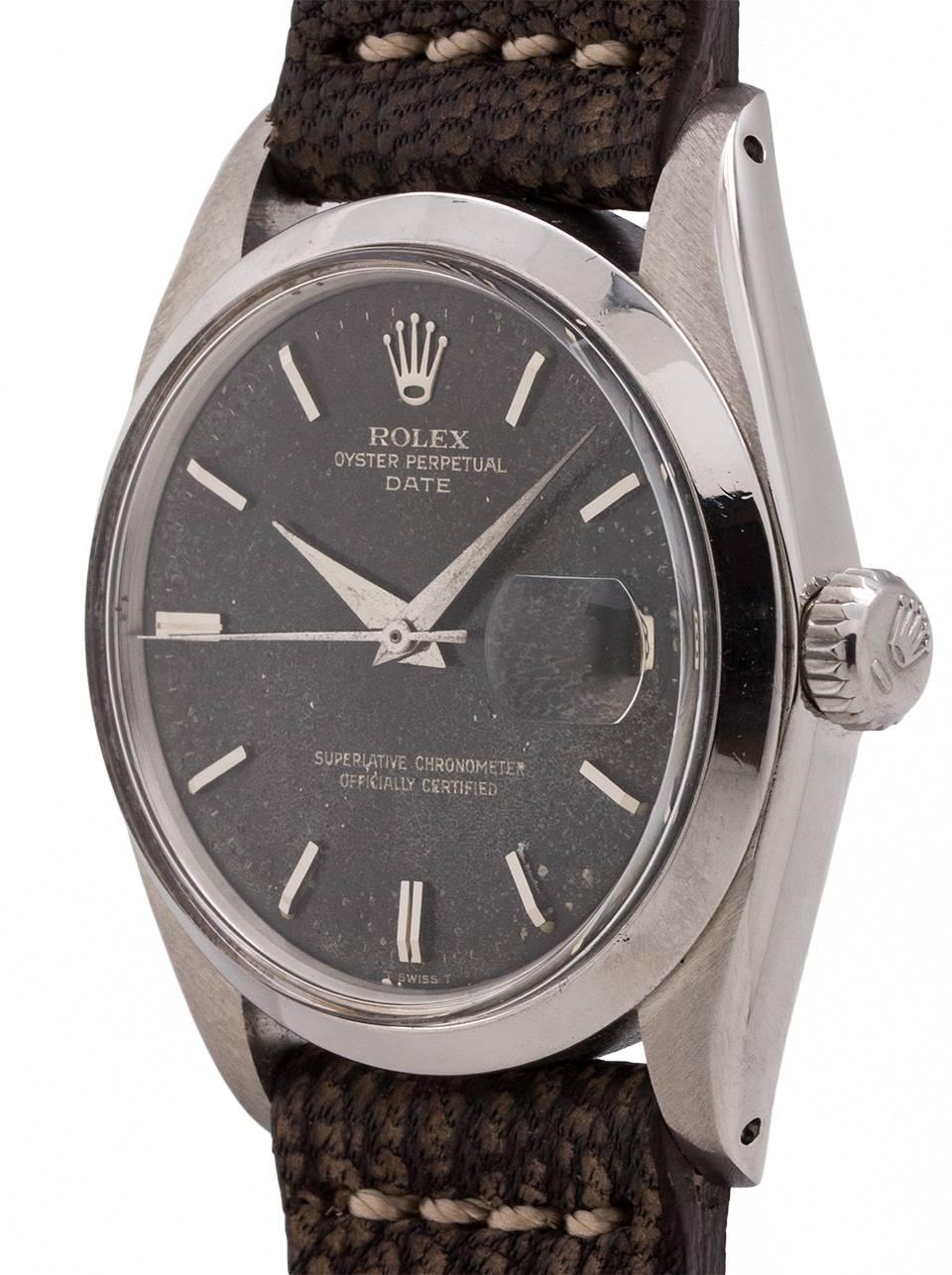 
An vintage Rolex Oyster Perpetual Date ref 1500 serial# 669,xxx circa 1966 featuring a distressed original black gilt dial. Featuring a 34mm diameter case with smooth bezel and acrylic crystal and original aged black gilt dial with applied silver