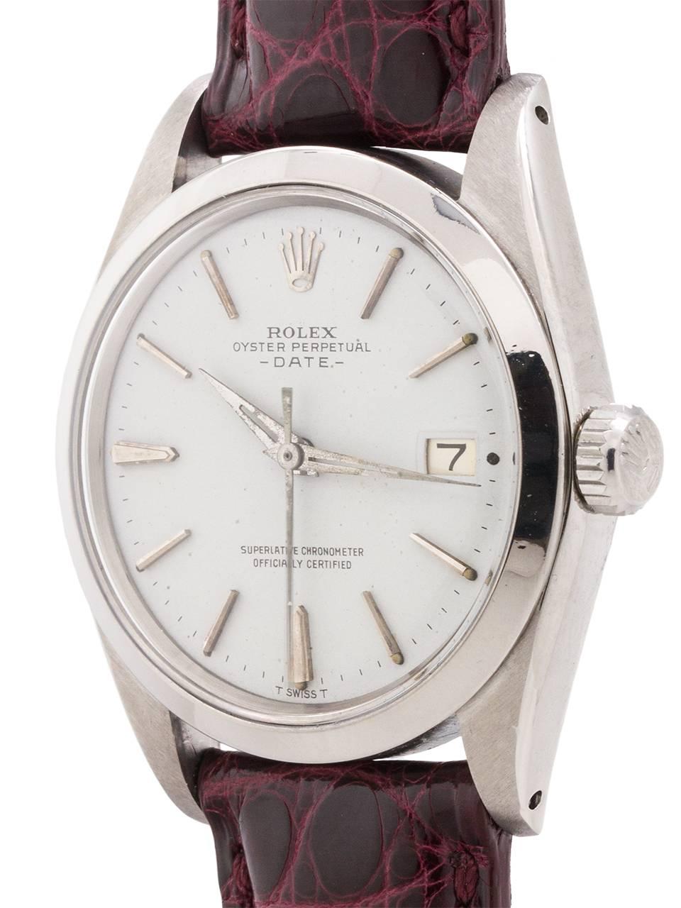 
Rolex Oyster Perpetual Date ref 1500 serial# 1.4 million circa 1966. Featuring a 34mm diameter case with smooth bezel and acrylic crystal and nicely refinished snow white dial with applied silver indexes and tapered silver dauphine hands. Powered