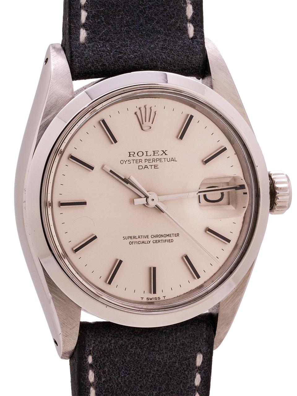 
Rolex stainless steel Oyster Perpetual Date ref# 1500 serial #2.5 million circa 1968. Featuring a 34mm diameter Oyster case with smooth bezel and acrylic crystal and mint condition silver dial with fine applied, black inlaid, hour indexes and stick
