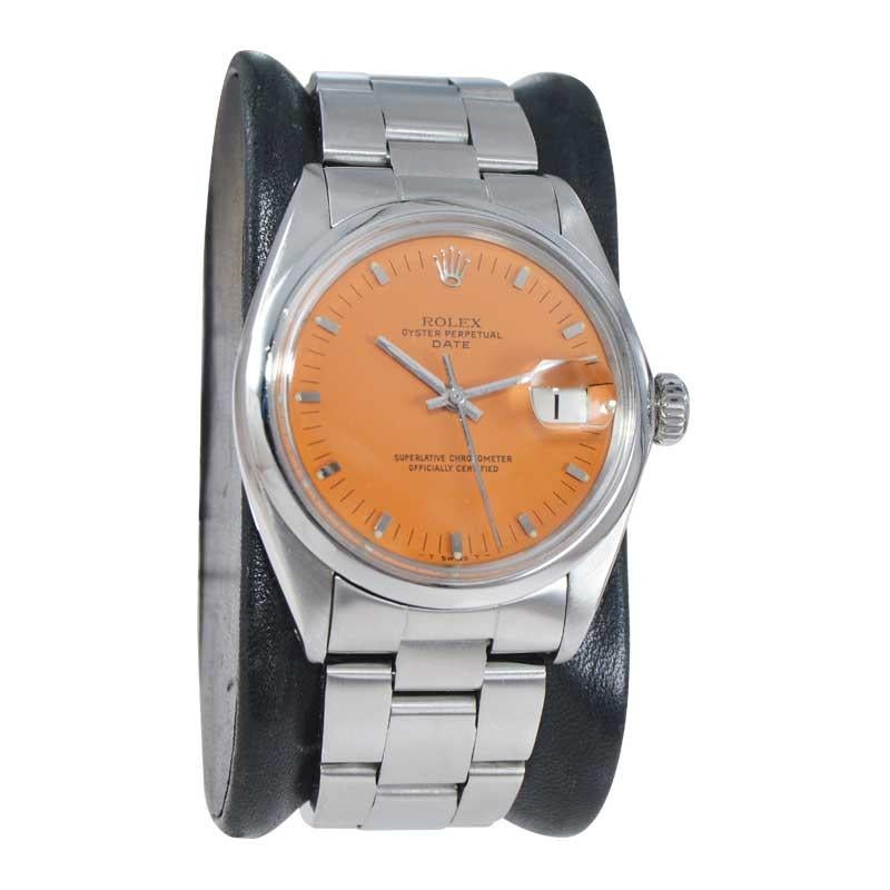 FACTORY / HOUSE: Rolex Watch Co.
STYLE / REFERENCE: Oyster Perpetual Date / Ref. 1500
METAL / MATERIAL: Stainless Steel
CIRCA / YEAR: Mid 1970's
DIMENSIONS / SIZE: 41mm x 34mm
MOVEMENT / CALIBER: Perpetual Winding / 26 Jewels 
DIAL / HANDS: Rolex