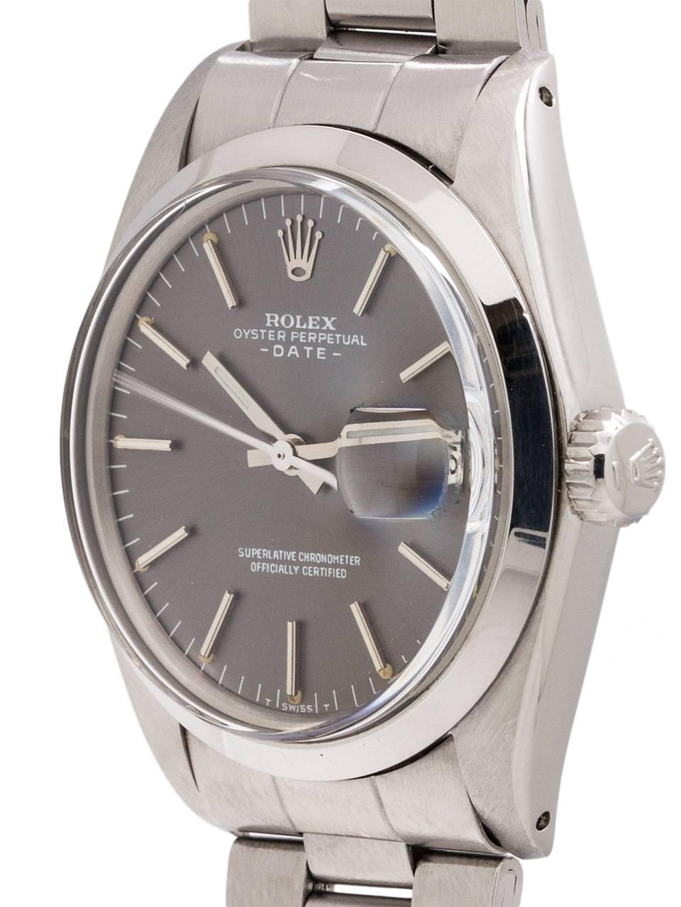 
Rolex Oyster Perpetual Date ref 1500 serial # 2.7 million circa 1970. Featuring a 34mm diameter stainless steel case with smooth bezel and scarce original gray dial. Powered by self winding calibre 1570 movement with sweep seconds and date. With