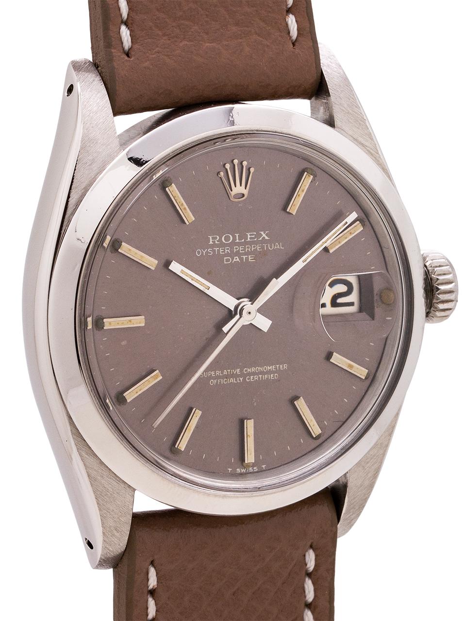 
Rolex Oyster Perpetual Date ref 1500 circa 1969. Featuring 34mm diameter case with smooth bezel, acrylic crystal, and original taupe grey dial with applied silver indexes and silver baton hands. The tritium in the hands and makers have aged to a