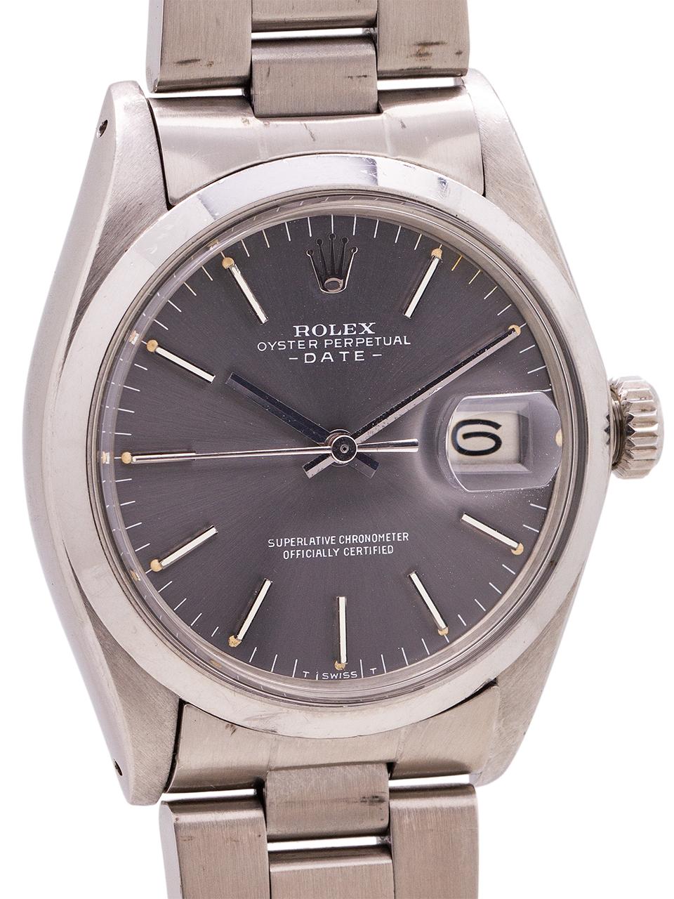 
Rolex Oyster Perpetual Date ref 1500 serial # 3.1 million circa 1972. Featuring a 34mm diameter stainless steel case with smooth bezel and scarce original gray dial. Powered by self winding calibre 1570 movement with sweep seconds and date. Worn on