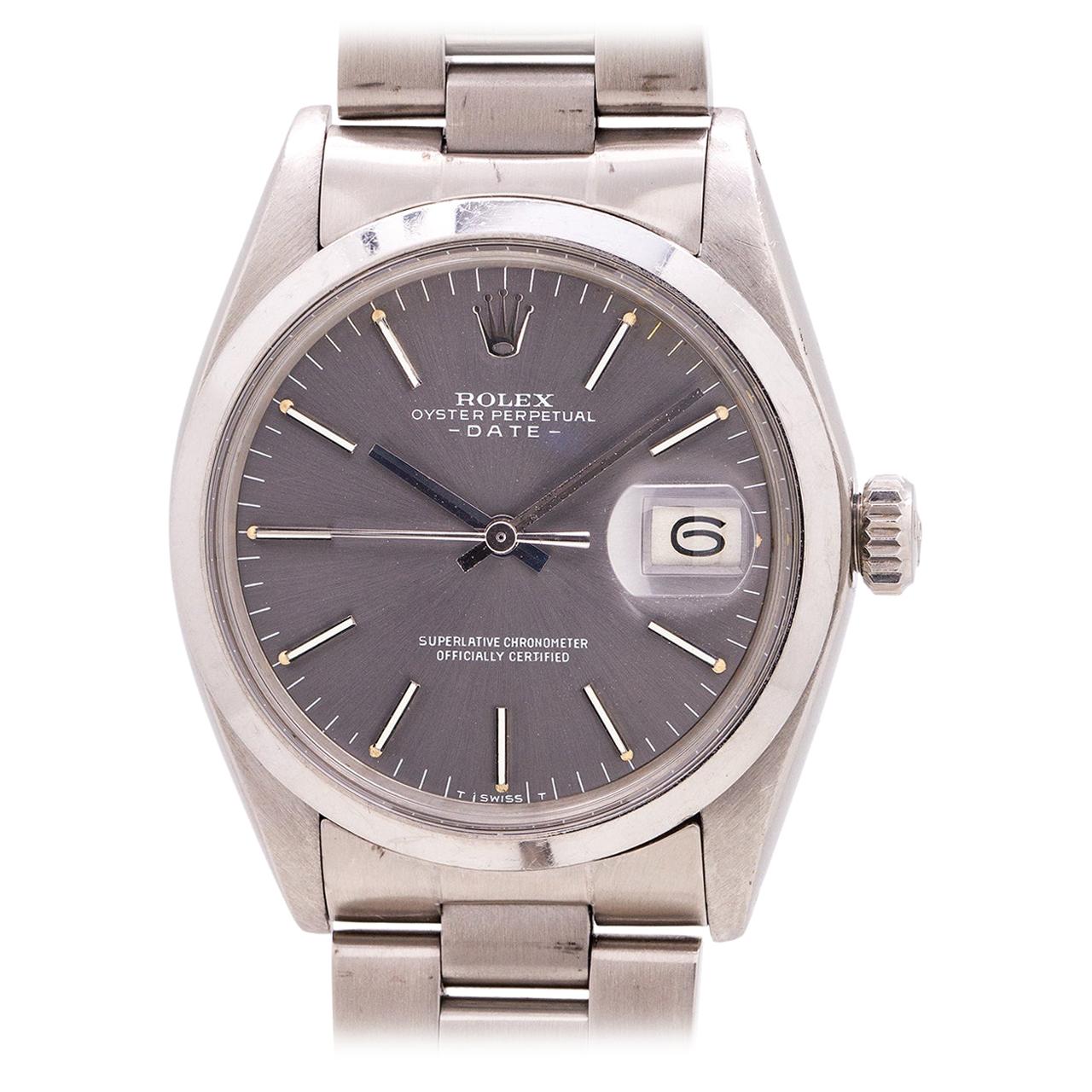 Rolex Oyster Perpetual Date Ref 1500 Stainless Steel Watch Gray Dial, circa 1972 For Sale