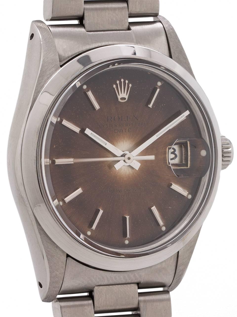 
A remarkably “delicious” looking natural dark expresso dial Rolex stainless steel Oyster Perpetual Date model ref # 15000 serial# 7.0 million circa 1983. Featuring a 34mm diameter case with smooth bezel and acrylic crystal. And featuring a gorgeous