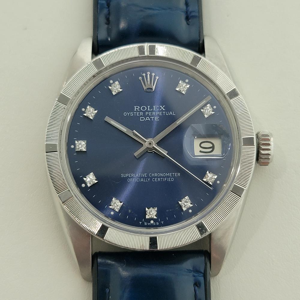 Stunning classic, Men's Rolex Oyster Perpetual Date Ref.1501 automatic with diamond dial, c.1968, in excellent working condition. Verified authentic by a master watchmaker. Absolutely gorgeous Rolex signed blue dial accented perfectly with