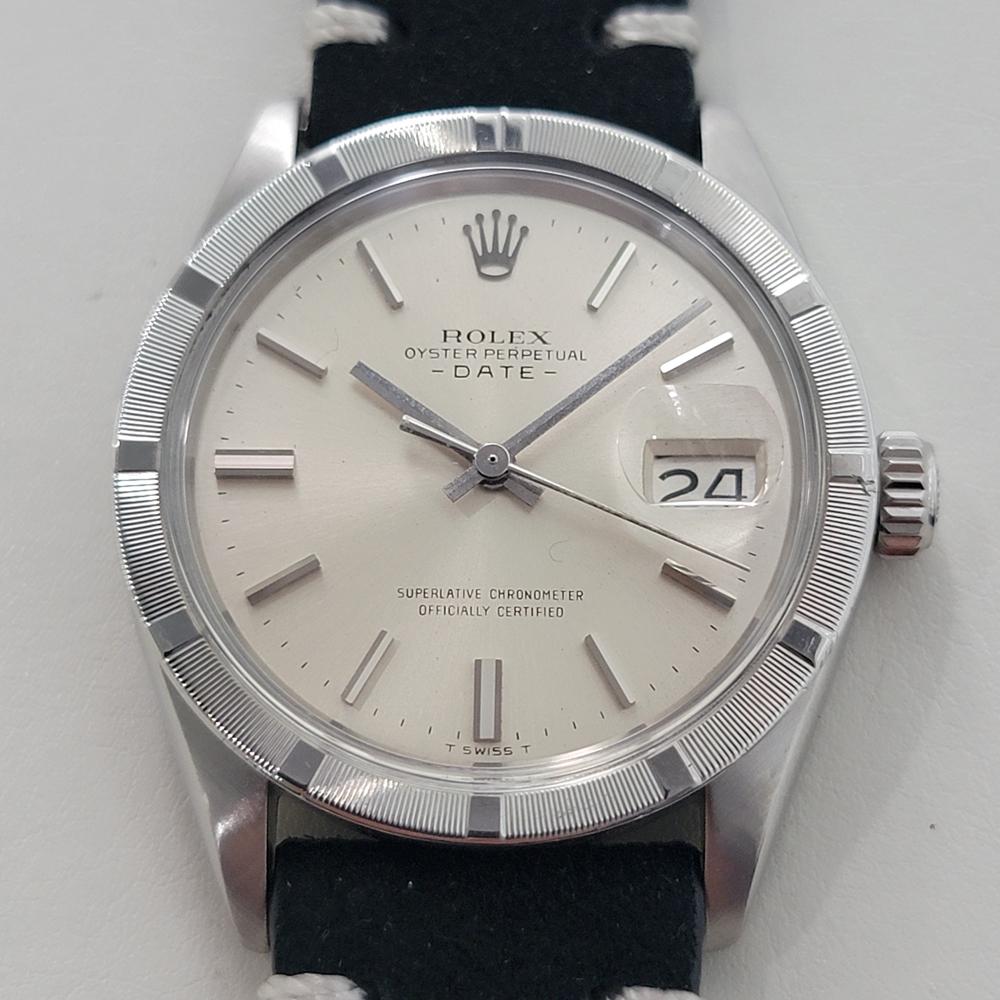 Timeless classic, Rolex Oyster Perpetual 1501 Date automatic, c.1972, in excellent working condition. Verified authentic by a master watchmaker. Gorgeous Rolex signed silver dial, applied baton index hour markers, silver minute and hour hands,